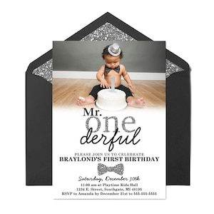 Mr. Onderful Black and Silver First Birthday Invitation, Boy First Birthday Invitation, Mr Onederful, Bow Tie Printable Birthday Invitation