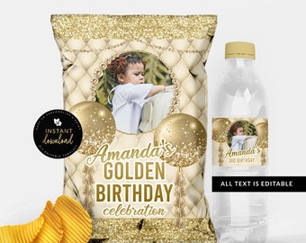 Gold Tufted Chip Bag, Gold Water Label, Gold Birthday Bundle, Gold Printables, Editable Download, Birthday Chip Bag, Templett