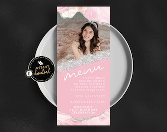 Blush Pink and Silver Photo Menu Card, Pink and Silver Agate Menu, Pink Menu, Pink and Silver Menu, Instant Self Edit Digital Templett