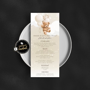 Karta Menu na Baby Shower z Misiem, Menu Teddy Bear, Możemy Niecierpliwie Poczekać, Karta Menu na Baby Shower, Menu Jedzenia na Baby Shower, Szablon Menu