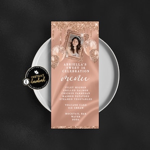 Rosé Gold Menükarte mit Foto, Glitter Drip Menu, Rosé Gold Geburtstag, Rose Gold Menü, Geburtstagsmenü Karte, Instant Download, Menu Templett