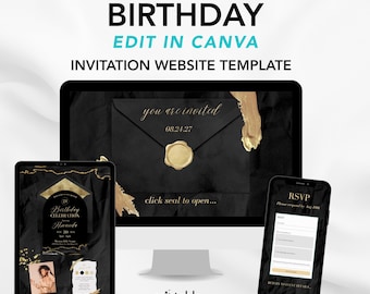 Black and Gold Birthday Website Template with RSVP | Dark Golden Agate Birthday | Editable Canva Template (Digital Download)