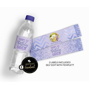 Lila Flaschenetiketten, Lila und Diamant Foto Wasserflasche Etikett, Lila bedruckbare Wasseretiketten, sofortiger Download Templett