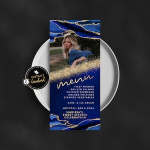 Blauwe en gouden fotomenukaart, blauwe en gouden agaatmenu, blauwe en gouden plaatskaart, menukaart direct downloaden, zelfbewerkingsmenu Digitale Templett