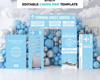 Blue Airline Party Decor Bundle, Airplane Party, Airplane Baby Shower, Printable Party Decor, Lifesize Cutouts, Printable Canva Pro Template