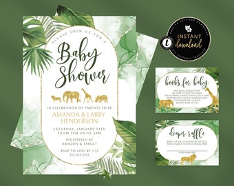 Safari Baby Shower Invitation Suite, Tropical Baby Shower Invitation Suite, Safari Baby Shower, Tropical Greenery, Editable Baby Shower