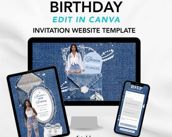 Denim Diamonds and Pearls Birthday Invitation, Canva Birthday Website, Glam Denim Birthday Invite, Canva Template