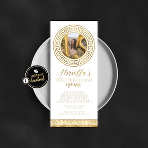 Griekse menukaart, Grieks hoofdmenu, gouden verjaardag, goud 4 x 9 menu, gouden menukaart, Grieks feest, Griekse babyshower, Templett instant download