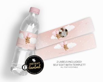 Pink Teddy Bear Baby Shower Water Bottle Labels, Teddy Bear Water Label, Teddy Bear Shower, Teddy Bear Water, Instant Editable Templett