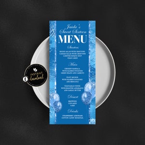 Blue Menu Card, Faux Foil Menu, Blue Birthday, Birthday Menu Card, Anniversary Menu, Instant Download, Menu Templett
