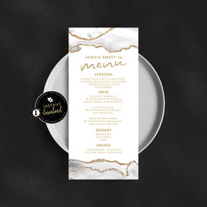 Tarjeta de menú en blanco y dorado, menú de ágata en blanco y dorado, menú de eventos en blanco y dorado, descarga instantánea, plantilla digital autoeditable en blanco y dorado