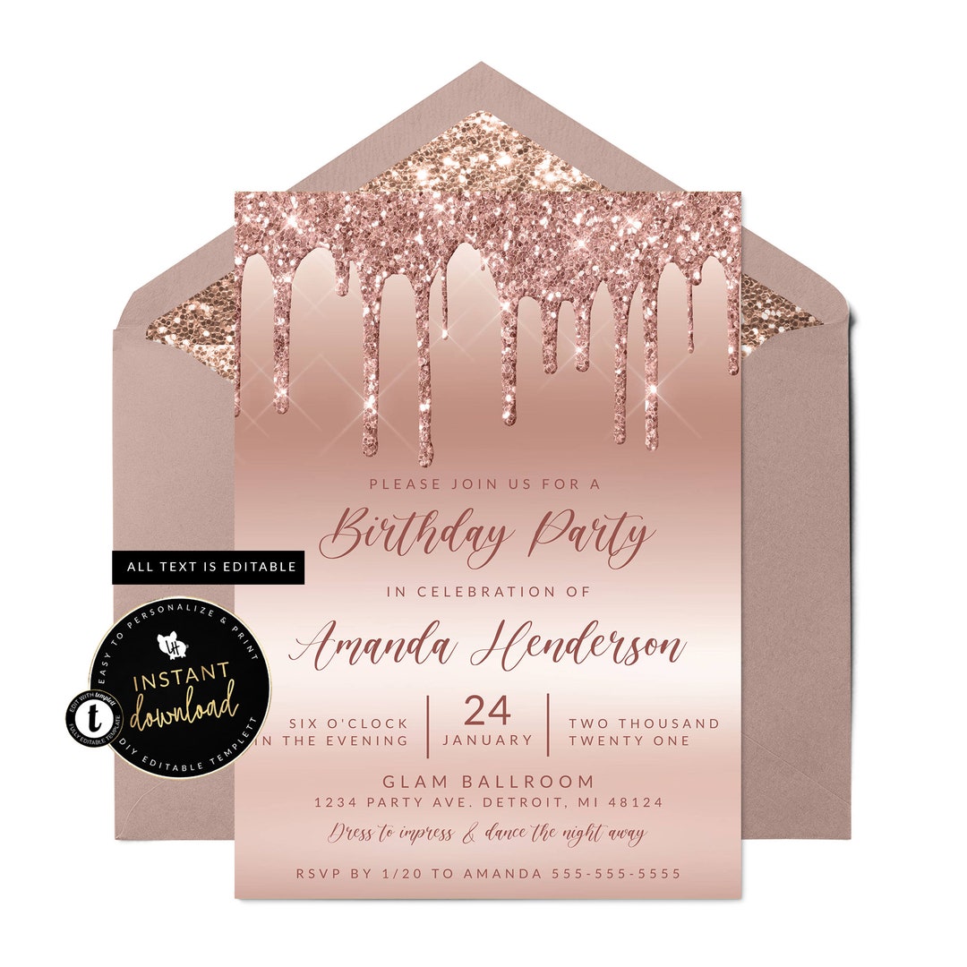 Dripping Rose Gold Invitation, Glitter Slime Invitation, Glitter Drip