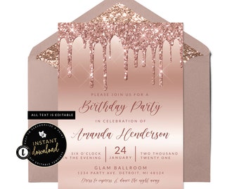 Dripping Rose Gold Invitation, Glitter Slime Invitation, Glitter Drip Invitation, Rose Gold Birthday, Rose Gold Invitation, Templett Invite