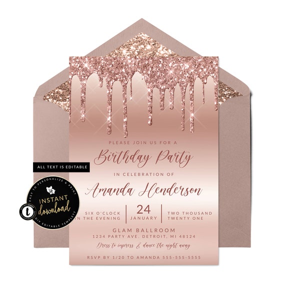 Dripping Rose Gold Invitation Glitter Slime Invitation - Etsy