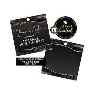 Zwart en goud bedankkaartjes, agaat bedankkaartjes, babyshowerkaartjes, verjaardagskaartjes, zwart en goud cadeaukaartjes, direct bewerkbare digitale Templett