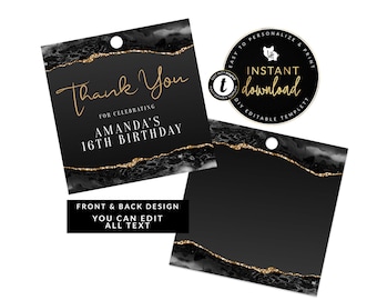 Black and Gold Favor Tags, Agate Favor Tags, Baby Shower Tags, Birthday Tags, Black and Gold Gift Tags, Instant Editable Digital Templett