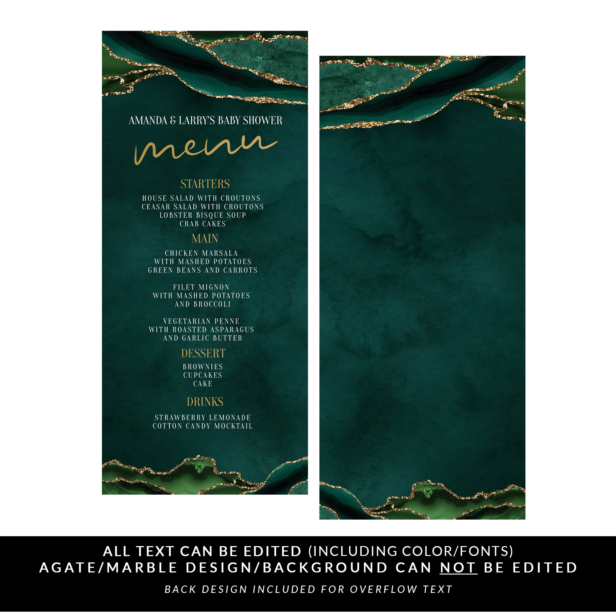 Emerald Green and Gold Menu Card Green and Gold Agate Menu Etsy