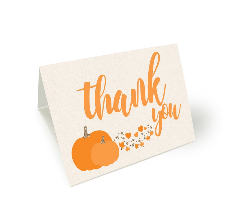 May include: Orange thank you card with a pumpkin design and gold glitter accents. The card says "thank you" in a handwritten font.