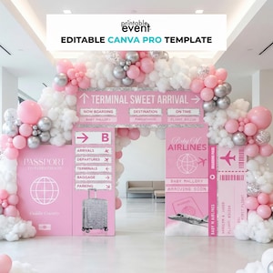Può includere: Un set di decorazioni per baby shower rosa e bianco a tema viaggio. Il set include un arco rosa con la scritta "Terminal Sweet Arrival", palloncini e una grafica di valigia. Il testo "Editable Canva Pro Template" è in alto.