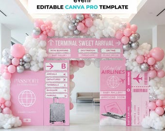 Feestdecoratiebundel luchtvaartmaatschappij, vliegtuigfeest, vliegtuigbabyshower, afdrukbaar feestdecor, levensgrote uitsnijdingen, afdrukbare sjabloon voor Canva Pro