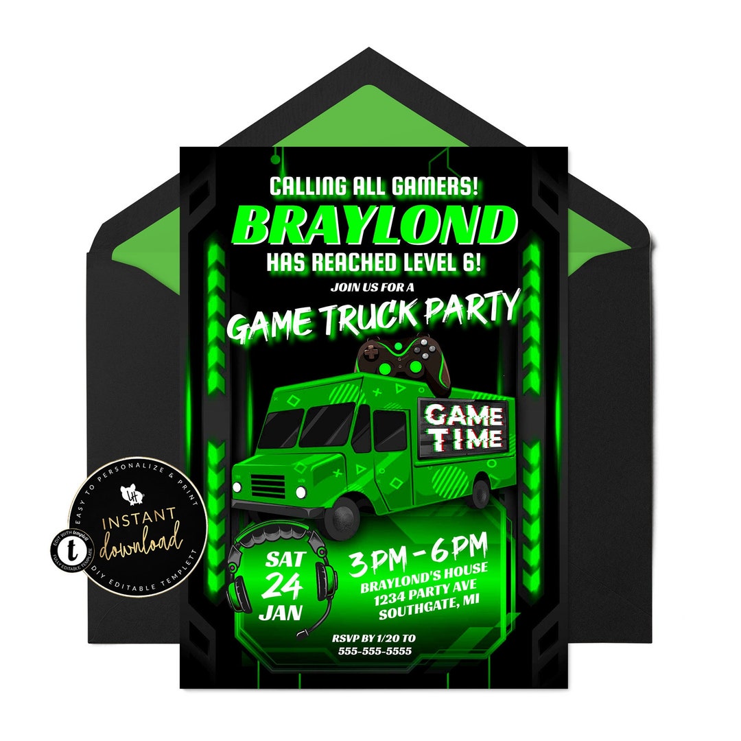 Green Game Truck Party Invitation, Gaming Truck Invite, Video Game ...