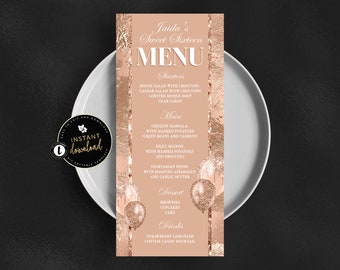 Rose Gold Menu Card, Faux Foil Menu, Rose Gold Birthday, Birthday Menu Card, Anniversary Menu, Instant Download, Menu Templett