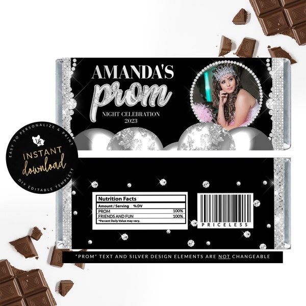 Prom Candy Bar Label, Silver Prom Candy Bar Label, Printable Candy Bar Label , Silver Prom Favors, Prom Printable Favors, Digital Templett