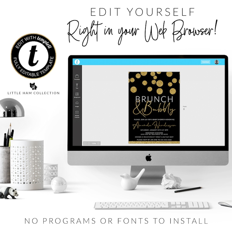 May include: A computer screen displaying a black and gold baby shower invitation with gold glitter accents. The invitation reads "Brunch & Bubbly" and includes the name "Amanda Henderson". The text "Edit Yourself Right in Your Web Browser!" is displayed above the computer screen.