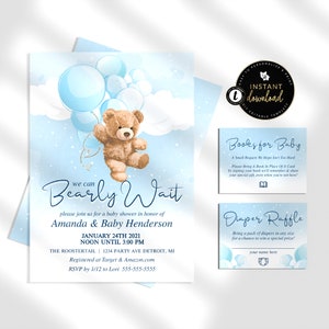 Blue Teddy Bear Baby Shower Invitation Suite, We can Bearly Wait, Bearly Wait Baby Shower Invitation, Editable Baby Shower Invitation Suite