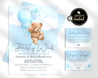 Blue Teddy Bear Baby Shower Invitation Suite, We can Bearly Wait, Bearly Wait Baby Shower Invitation, Editable Baby Shower Invitation Suite