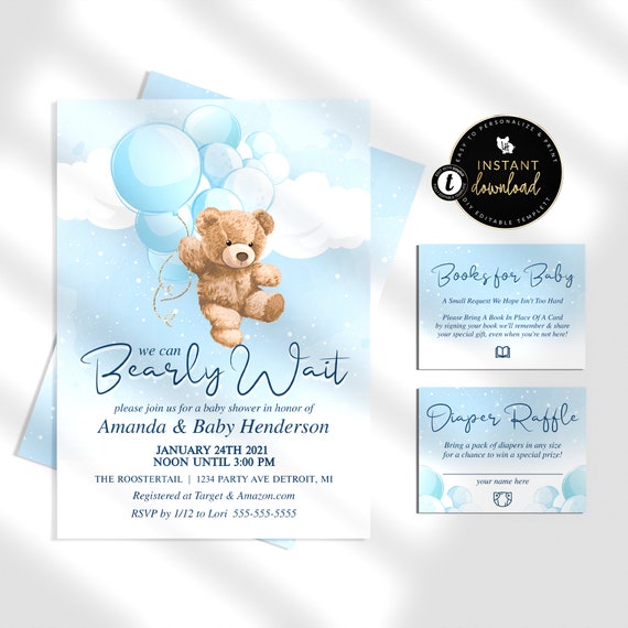 Bear Themed Baby Shower invite Girl Bear with Balloons Invitations