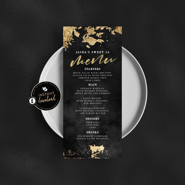Carte de menu noir et or, menu similicuir noir et or, carte rack noir et or, téléchargement immédiat, auto-édition numérique Templett