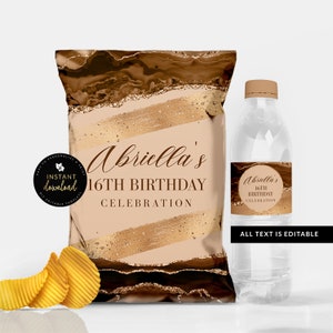 Melanin Chip Bag, Brown Agate Chip Bag, Brown Agate Water Label, Brown Chip Bag and Water Label Bundle, Party Printables, Editable Templett