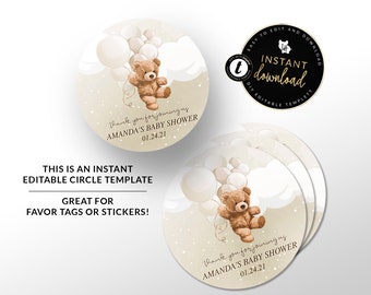 Neutral Teddy Bear Circle Tag, We can Bearly Wait Sticker Design, Teddy Bear Baby Shower, Instant Download, Editable Sticker Download