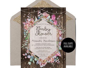 Rustic Glam Baby Shower Invitation Suite, Rustic Baby Shower Invitation, Rustic Floral Baby Shower, Printable Baby Shower Invitation Suite