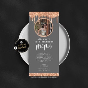 Rose Gold Drip Photo Menu, Rose Gold Menu, Rose Gold Birthday, Rose Gold Photo Menu, Menu Templett, Instant Download, Self Edit Templett