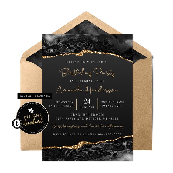 Black and Gold Invitation Black and Gold Agate Invitation Black