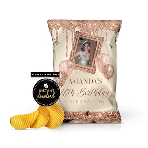 Dripping Rose Gold Photo Chip Bag, Rose Gold Printable Chip Bag, Rose Gold Birthday, Rose Gold Event Favors, Rose Gold Digital Templett