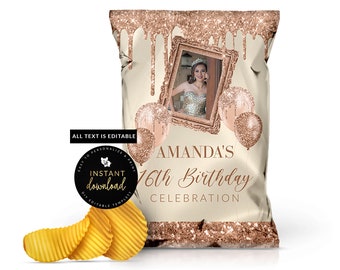 Bolsa de papas fritas con foto en oro rosa, bolsa de papas fritas imprimible en oro rosa, cumpleaños en oro rosa, recuerdos de eventos en oro rosa, plantilla digital en oro rosa
