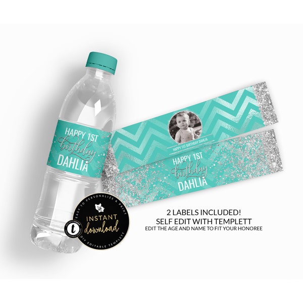 Teal Chevron Water Bottle Labels, Teal and Silver Photo Water Bottle Label, Teal Party, Printable Water Labels, Instant download Templett