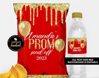 Gold Prom Chip Bag, Dripping Gold Water Label, Prom Printable Bundle, Prom Printables, Editable Download, Prom Chips, Templett