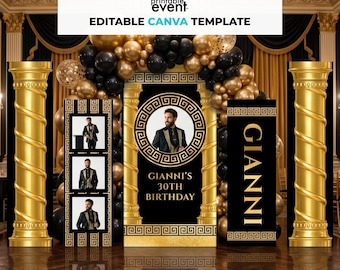 Editable Greek Key Backdrop Canva Template | Luxury Black Gold Panel Design | Gold Theme Party Decor | Digital Download