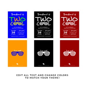 Puede incluir: Seis invitaciones de cumplea&ntilde;os imprimibles para un ni&ntilde;o de dos a&ntilde;os. Las invitaciones presentan un fondo azul, verde, amarillo, naranja, negro y rojo con el texto "Braylond is Two Cool" y gafas de sol. Las invitaciones tambi&eacute;n incluyen la fecha, la hora y la informaci&oacute;n de RSVP.