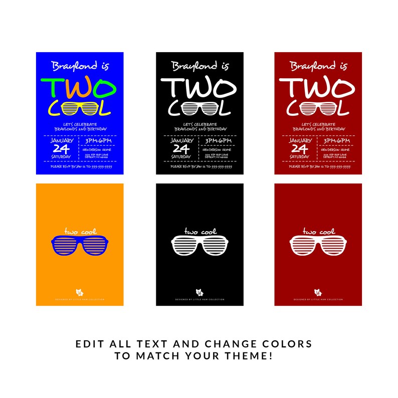 Puede incluir: Seis invitaciones de cumplea&ntilde;os imprimibles para un ni&ntilde;o de dos a&ntilde;os. Las invitaciones presentan un fondo azul, verde, amarillo, naranja, negro y rojo con el texto "Braylond is Two Cool" y gafas de sol. Las invitaciones tambi&eacute;n incluyen la fecha, la hora y la informaci&oacute;n de RSVP.