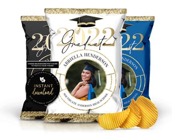 Graduation Chip Bag Cover, Gold Graduation Chip Bag, Graduation Printable Chip Bag, Gold Graduation Party Favor, Instant Digital Templett