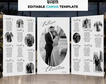 Editable Wedding Seating Chart Template with Photos | 3 Panel Seating Plan | Instant Download | Wedding Canva Template