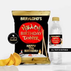 Hibachi Chip Bag, Hibachi Water Label, Hibachi Birthday Bundle, Hibachi Party Printables, Editable Download, Templett