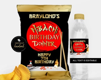 Hibachi Chip Bag, Hibachi Water Label, Hibachi Birthday Bundle, Hibachi Party Printables, Editable Download, Templett
