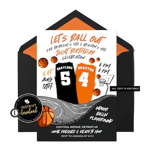 Joint Basketball Invitation, Basketball Birthday Invitation, Twins Birthday Invitation, Sports Invitation, Instant Editable Templett Invite