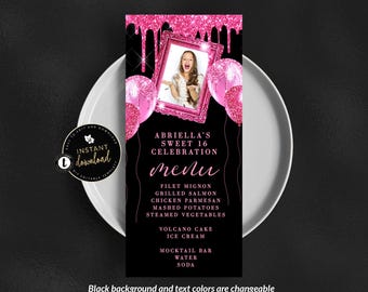 Hot Pink Photo Menu Card with Photo, Glitter Drip Menu, Hot Pink Birthday, Pink Menu, Birthday Menu Card, Instant Download, Menu Templett
